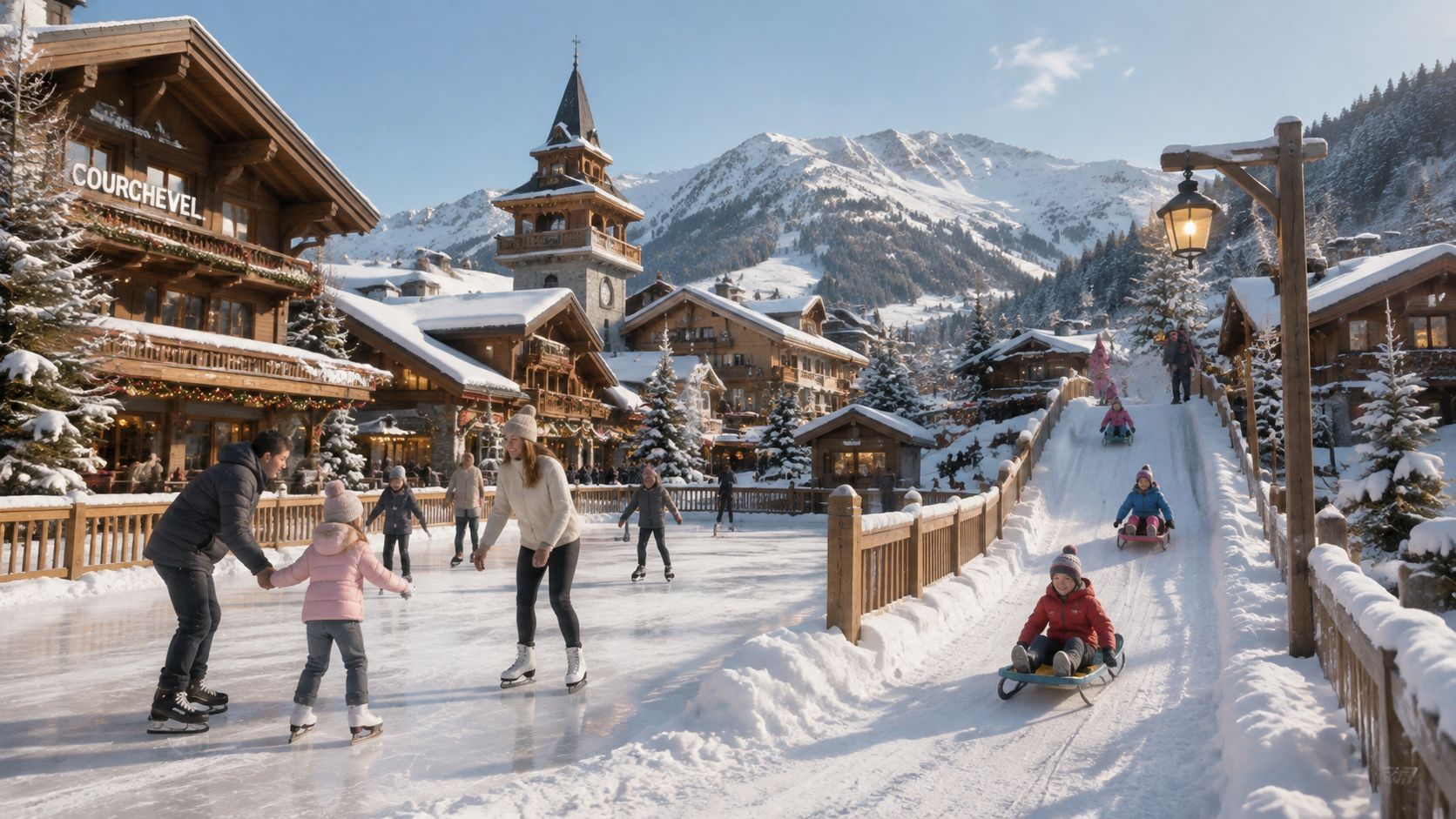 A family enjoys ice skating and sledding at a festive, snow-covered Courchevel ski resort in the Alps.