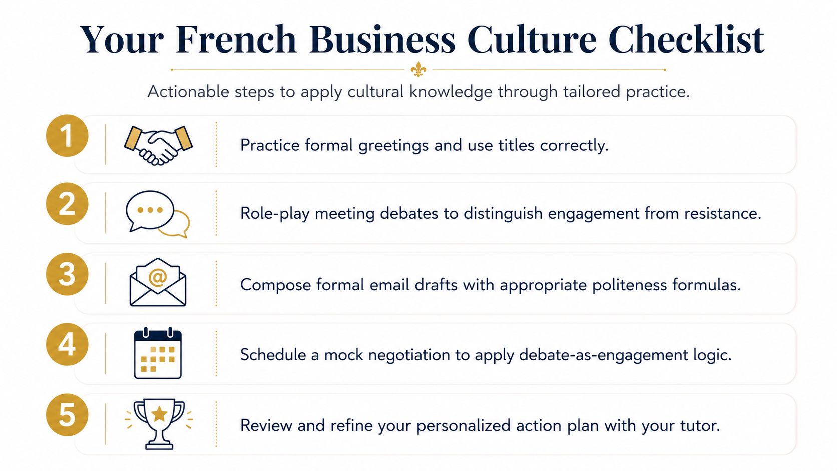 A checklist of five actionable steps to learn and master French business culture etiquette and practices.