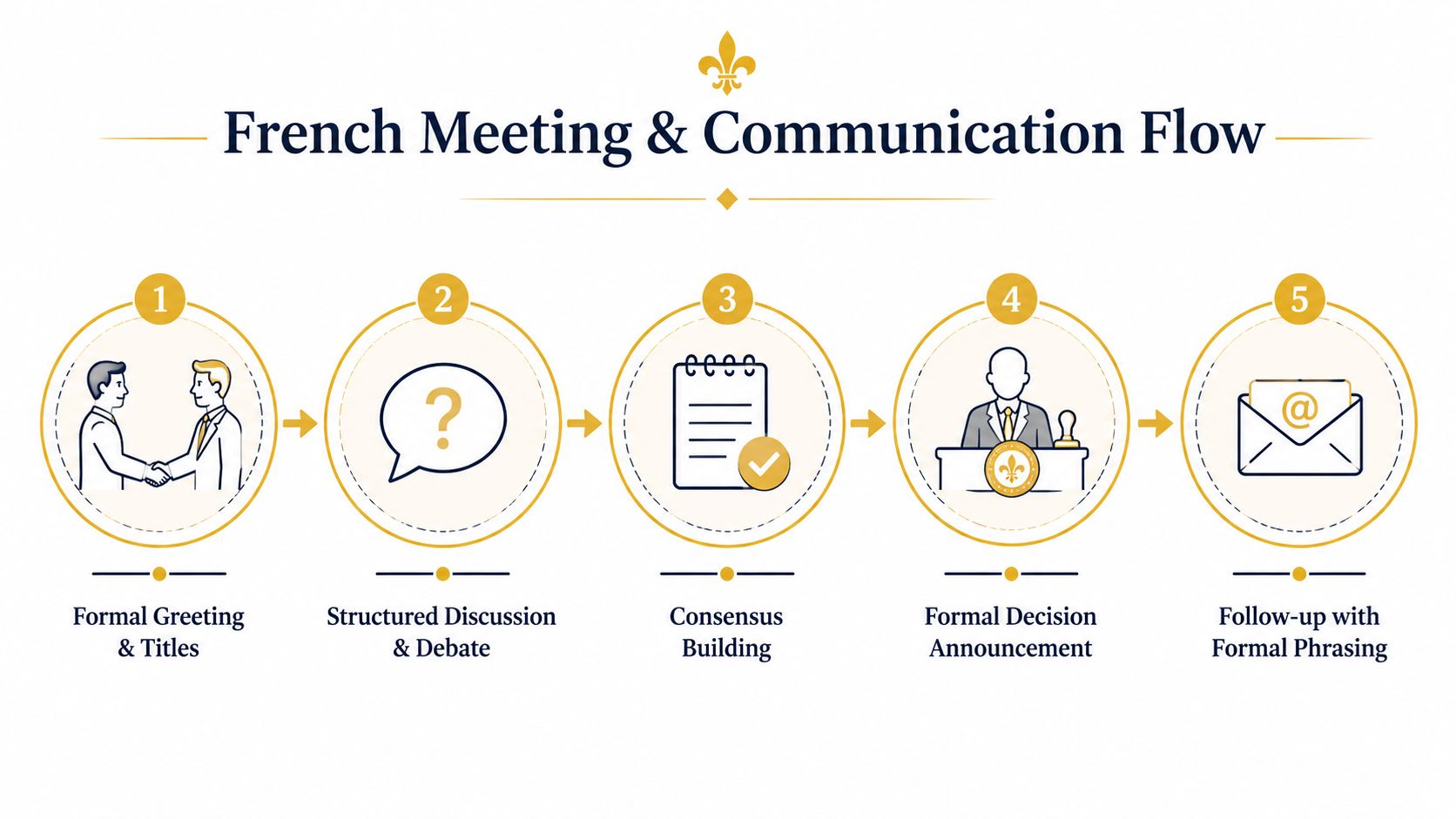 A diagram outlining the five steps of the French business meeting and communication flow process.