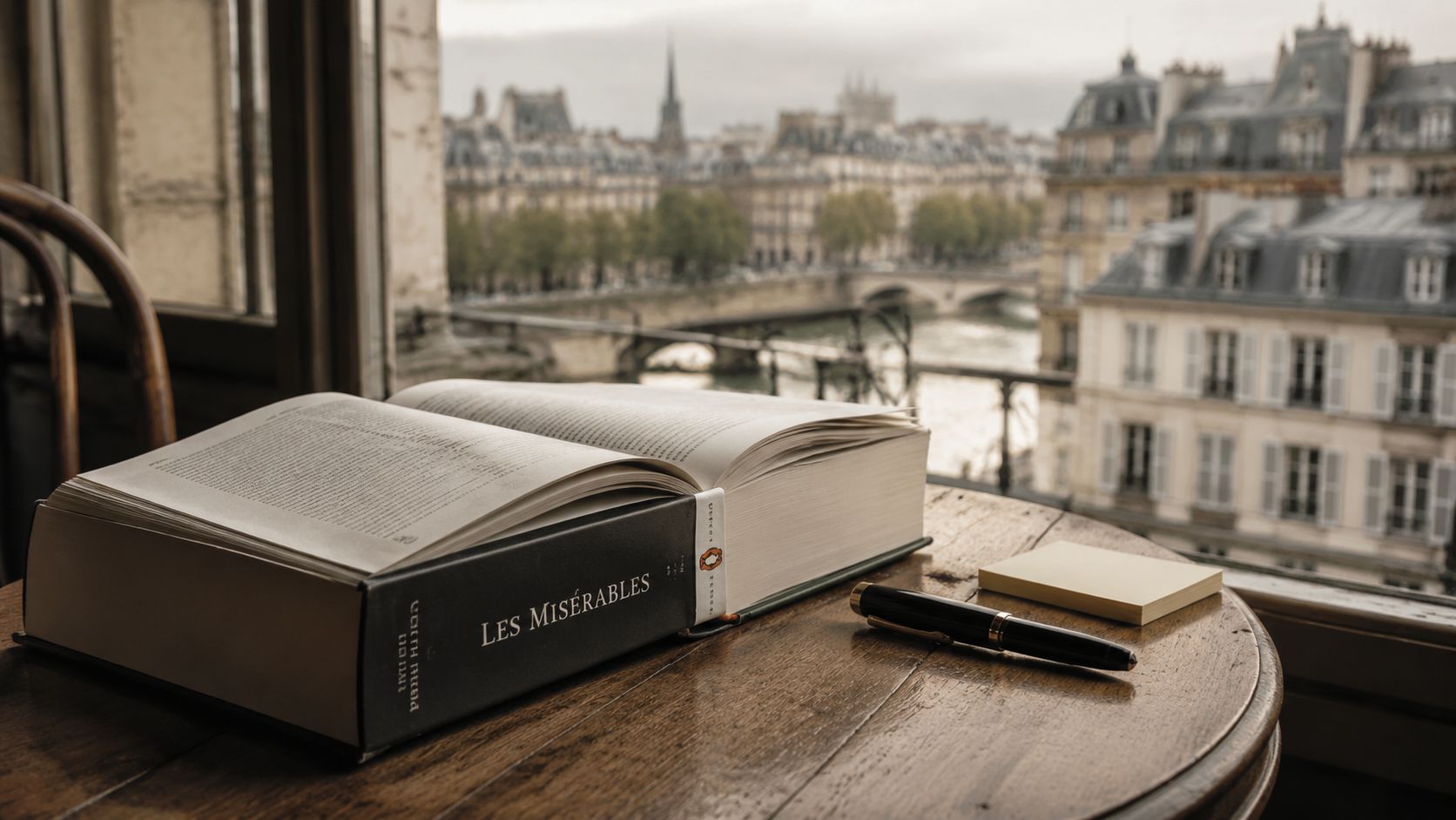 A copy of Les Misérables by Victor Hugo sitting on a wooden table overlooking a Parisian cityscape.