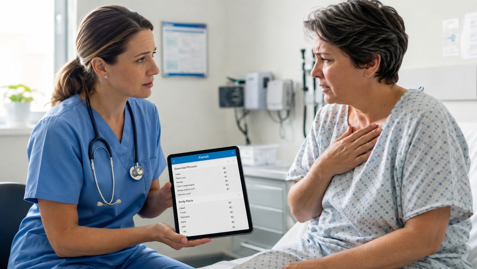 A female doctor in blue scrubs uses a digital tablet to assist a patient in a hospital.