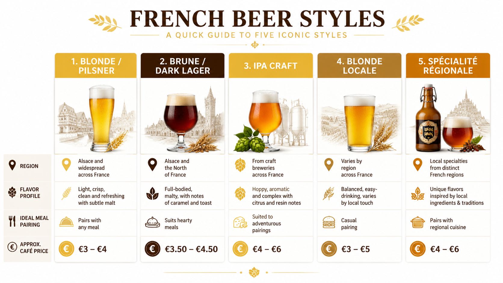 An infographic titled French Beer Styles featuring five different beer varieties with their regions, flavors, pairings, and prices.