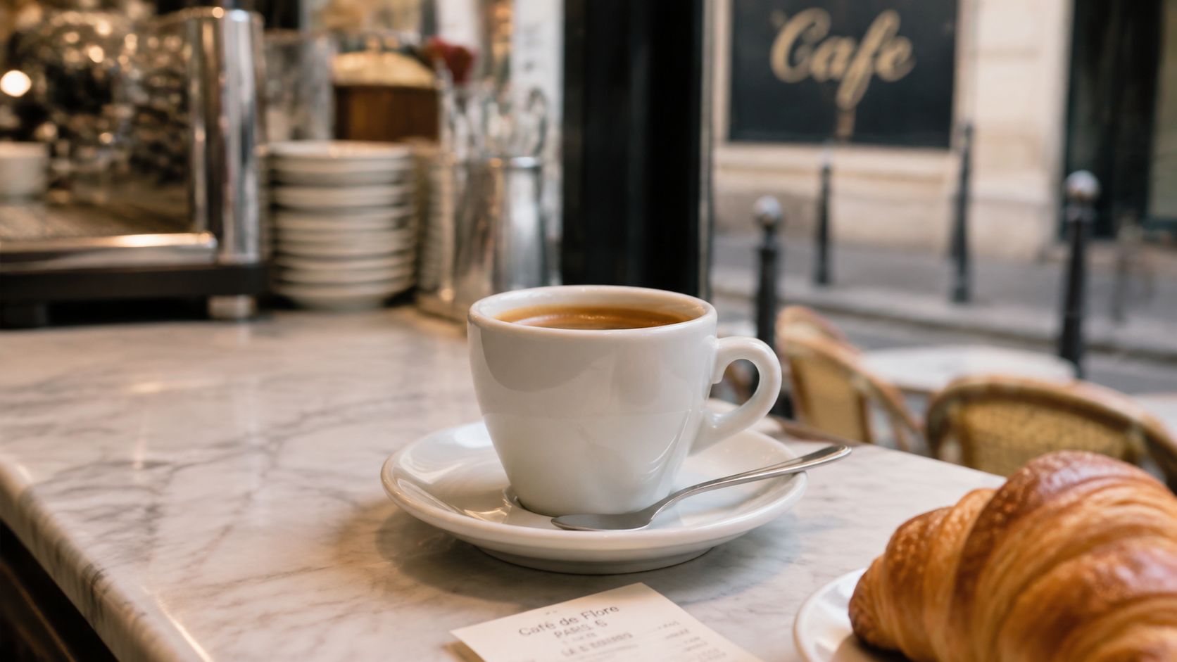 A cup of espresso coffee served with a flaky croissant on a marble cafe table.