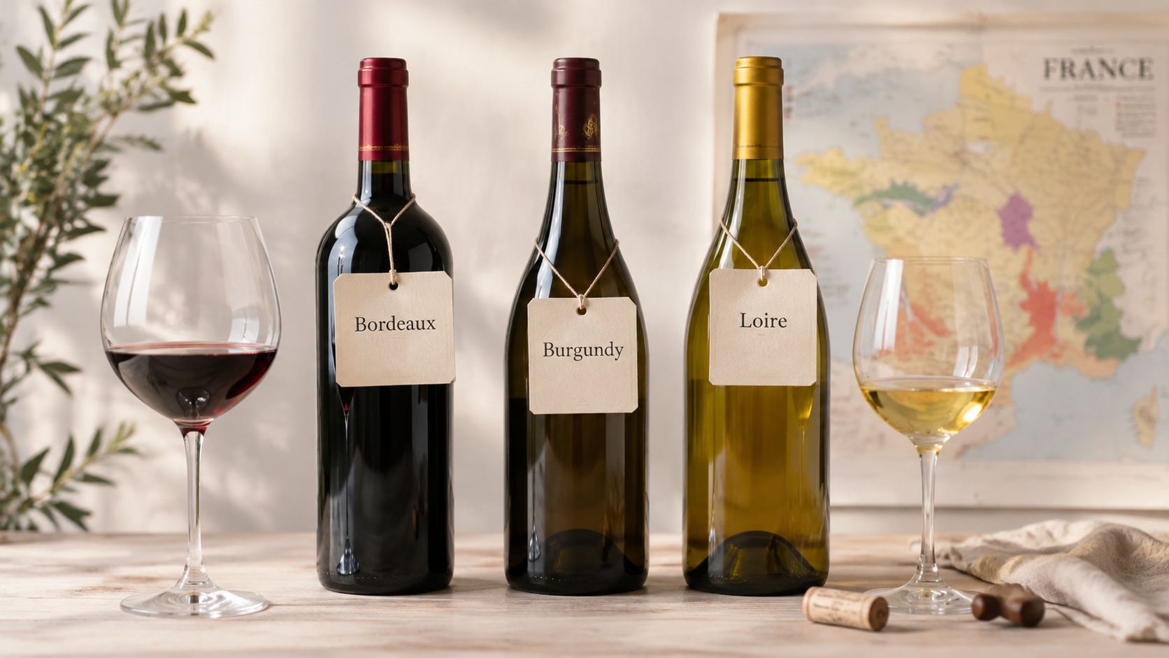Three wine bottles labeled Bordeaux, Burgundy, and Loire stand on a table with two filled wine glasses.