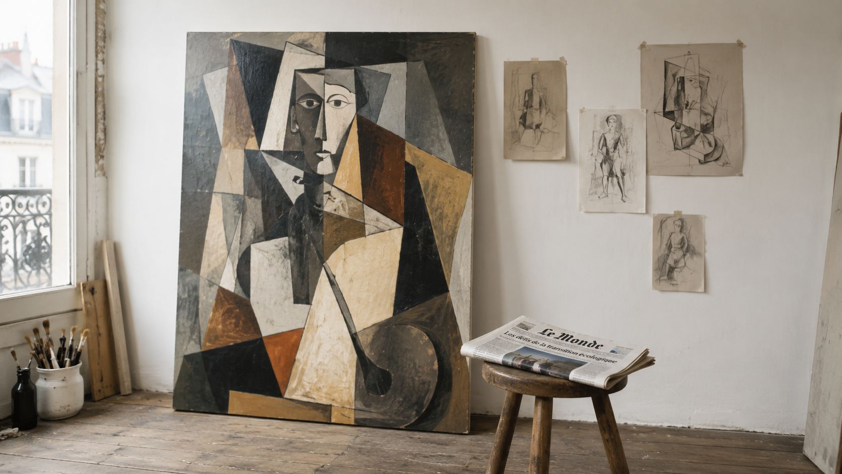 A large cubist portrait painting stands in a bright art studio next to a newspaper on a stool.