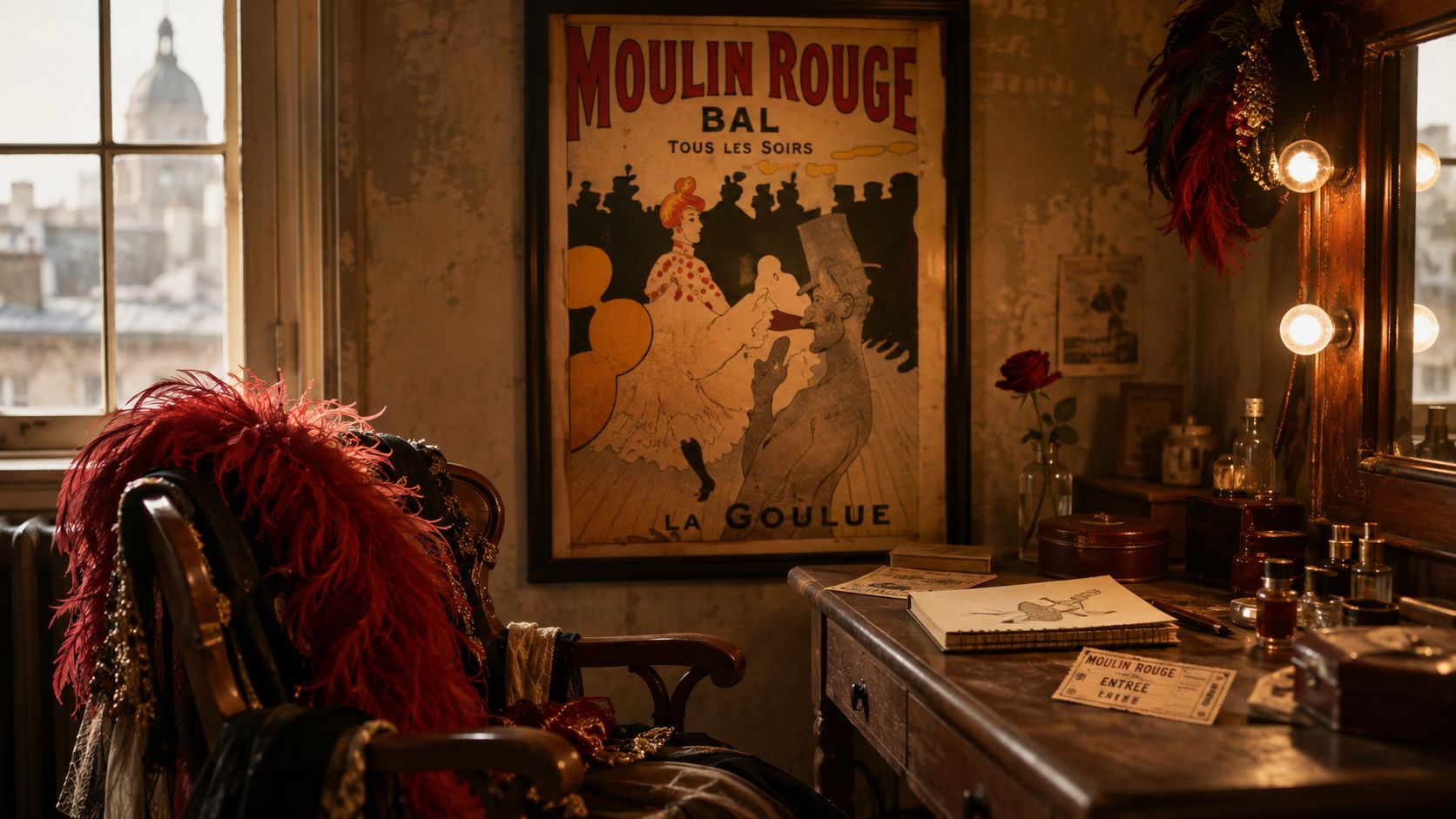 A vintage dressing room featuring a Moulin Rouge poster, a feathered boa on a chair, and a vanity table.