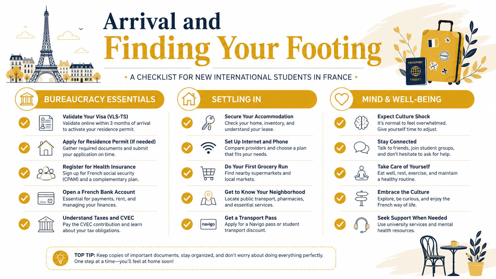 A helpful checklist for international students arriving in France, covering bureaucracy, settling in, and well-being advice.