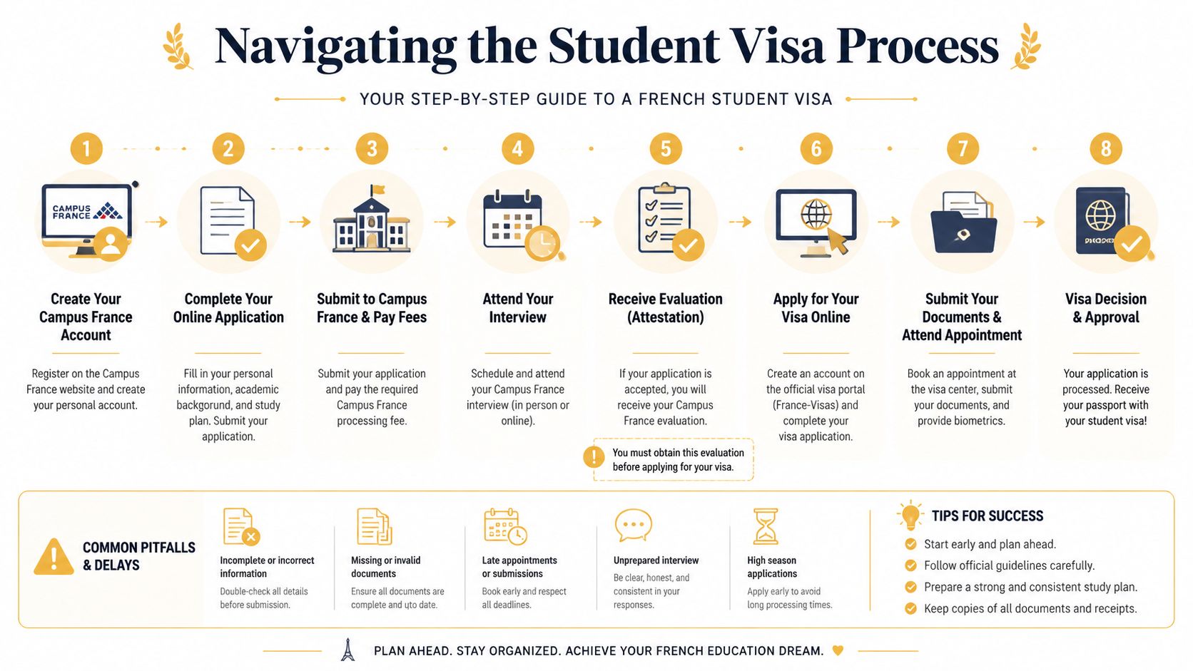 A step-by-step infographic illustrating the French student visa application process, from account creation to final approval.