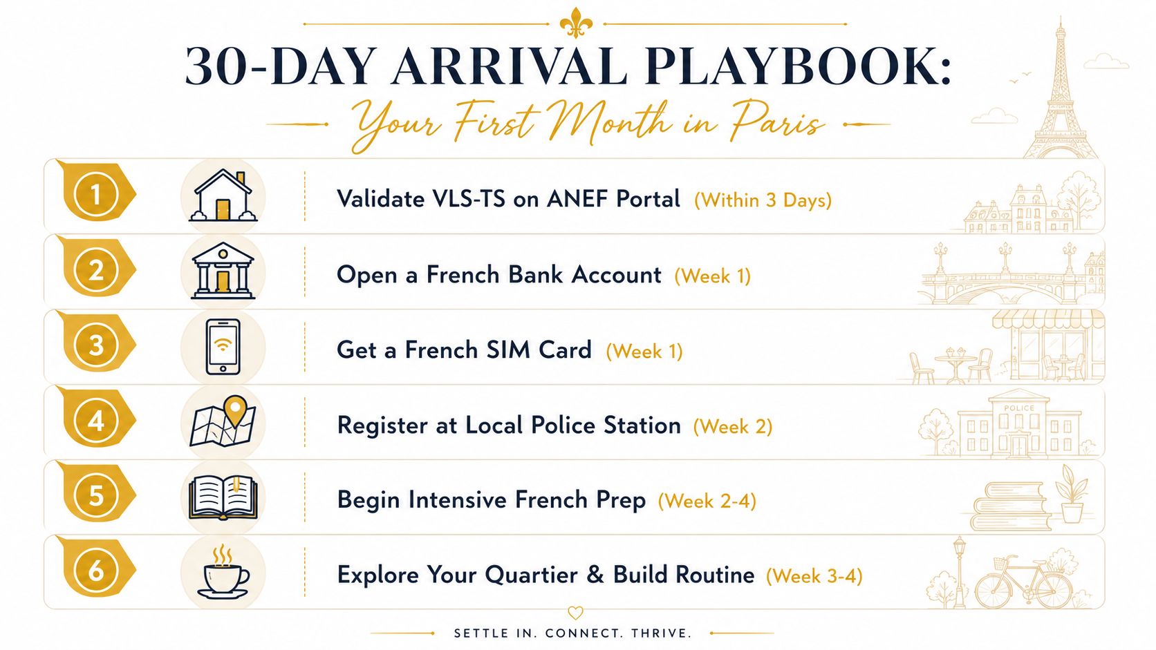 A checklist infographic titled 30-Day Arrival Playbook for students beginning their first month in Paris, France.