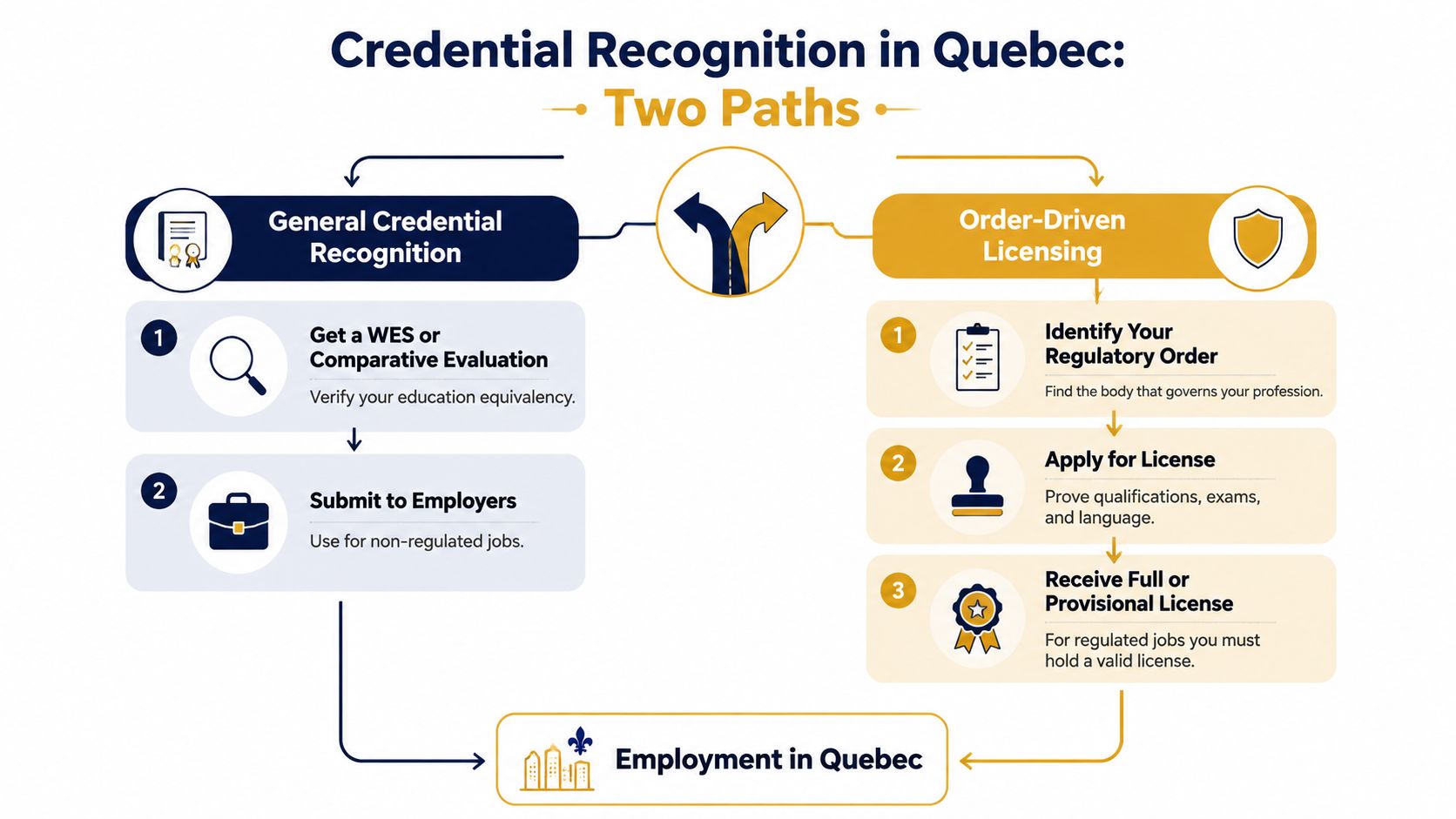 An infographic showing the two main paths for credential recognition for those wanting to work in Quebec.