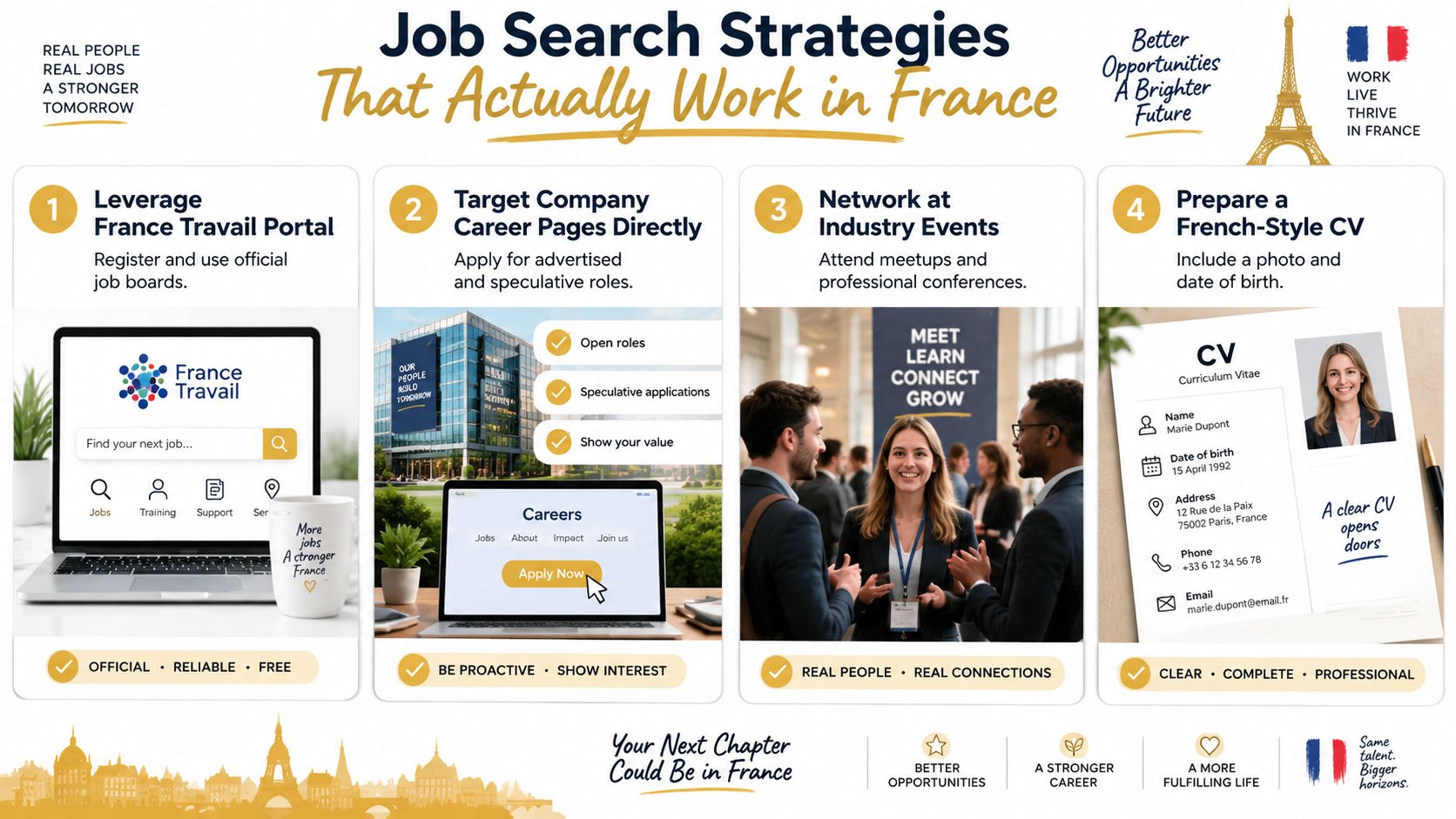 An infographic detailing four effective job search strategies for professionals looking to work in France.