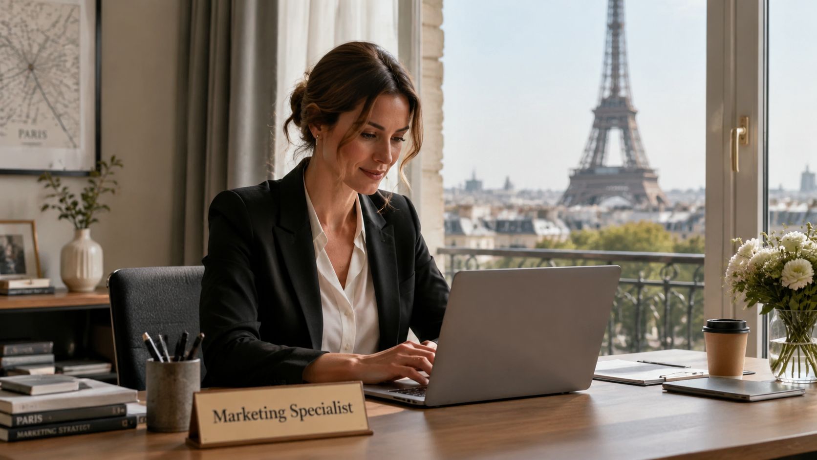A professional woman working on a laptop at a desk with an Eiffel Tower view in Paris.