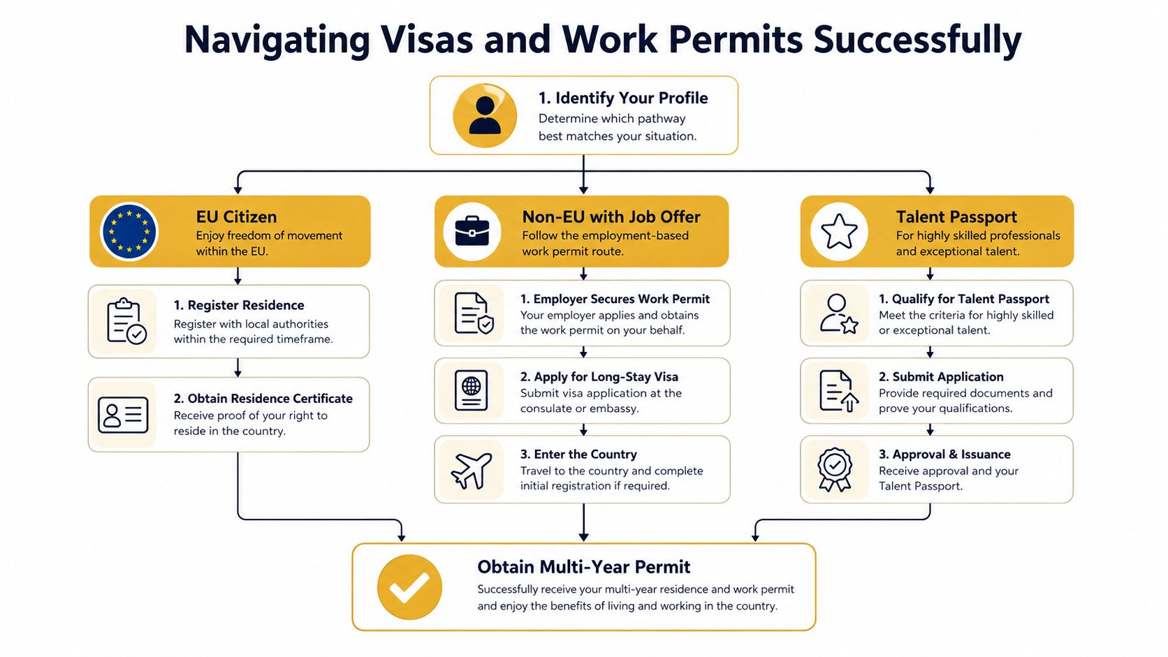 A flowchart detailing the process for navigating visa and work permit applications for various professional profiles.