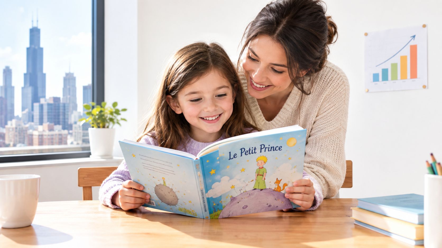 A smiling young girl and her mother reading a book titled Le Petit Prince in Chicago.