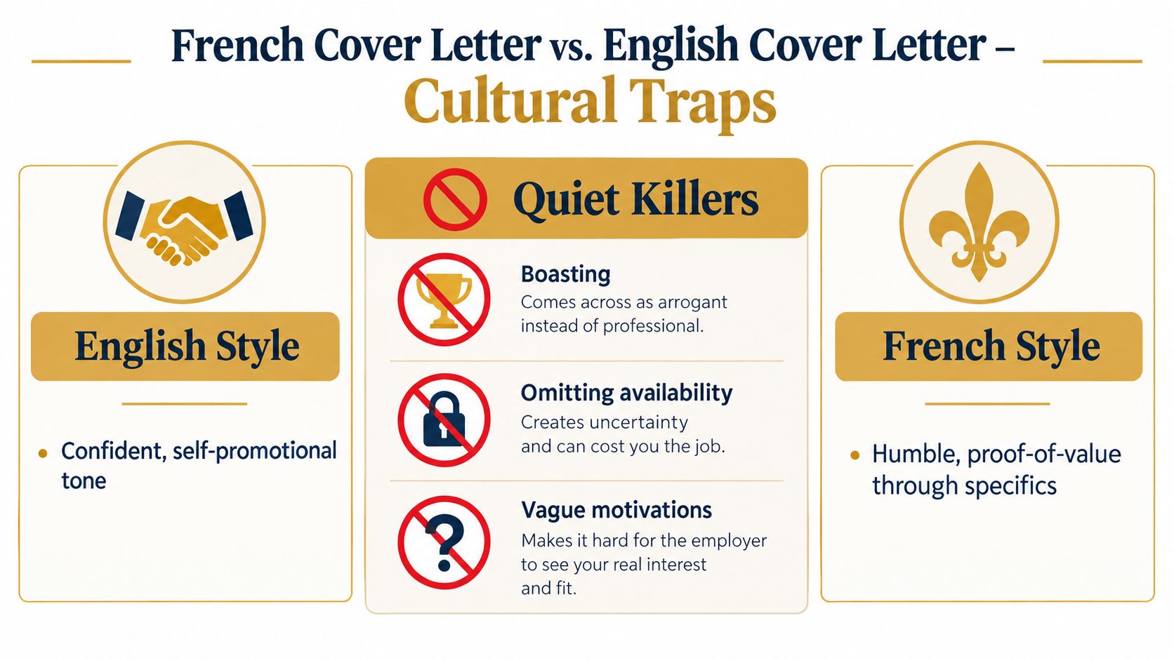 A comparison infographic showing cultural differences and pitfalls when writing French versus English cover letters.