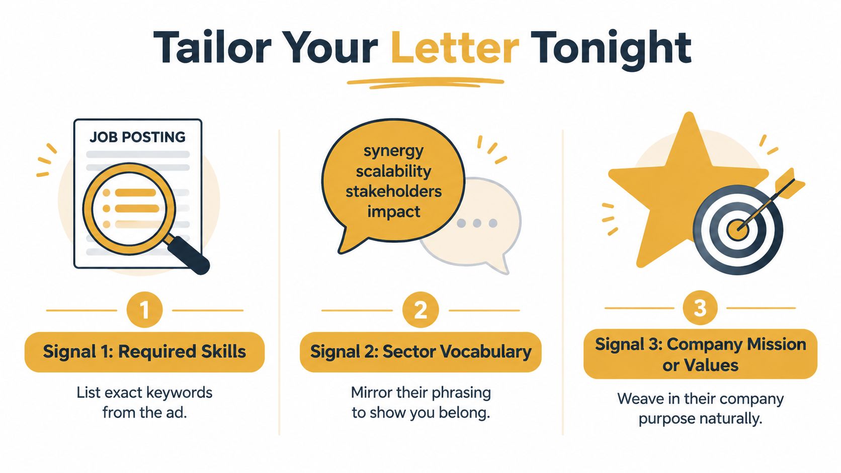 An infographic titled Tailor Your Letter Tonight showing three numbered steps to customize a job application cover letter.