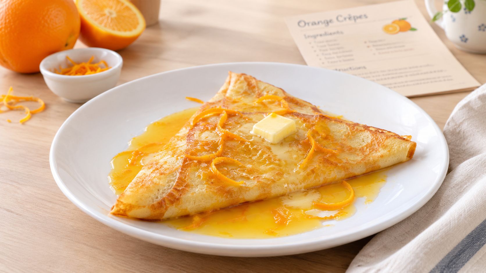 A plate featuring a folded orange crepe topped with butter and orange zest on a wooden table.