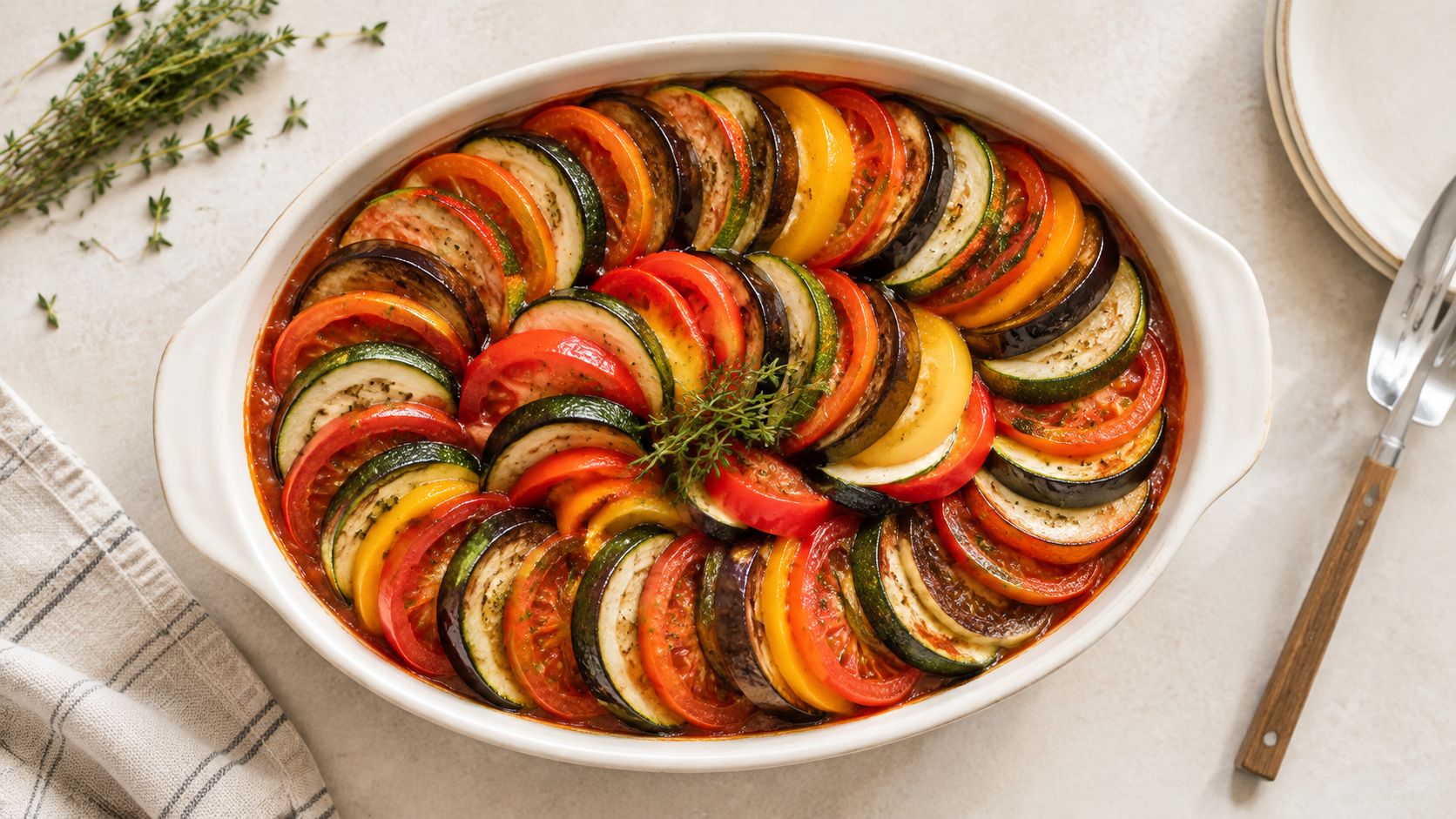 A colorful overhead view of a freshly baked vegetable ratatouille in a white ceramic baking dish.