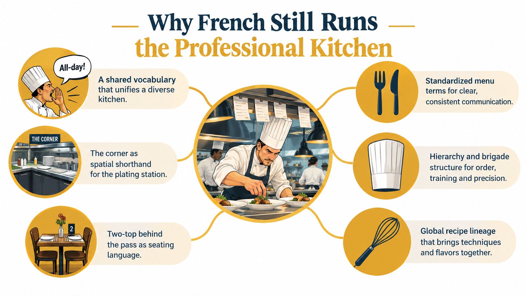 An infographic titled Why French Still Runs the Professional Kitchen explaining key culinary organizational terms and structures.