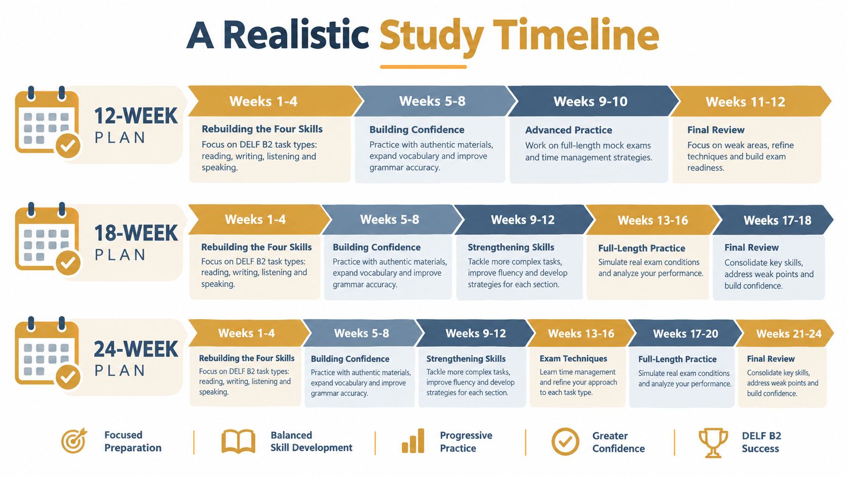 An infographic showing three structured study timelines of 12, 18, and 24 weeks for DELF B2 exam preparation.