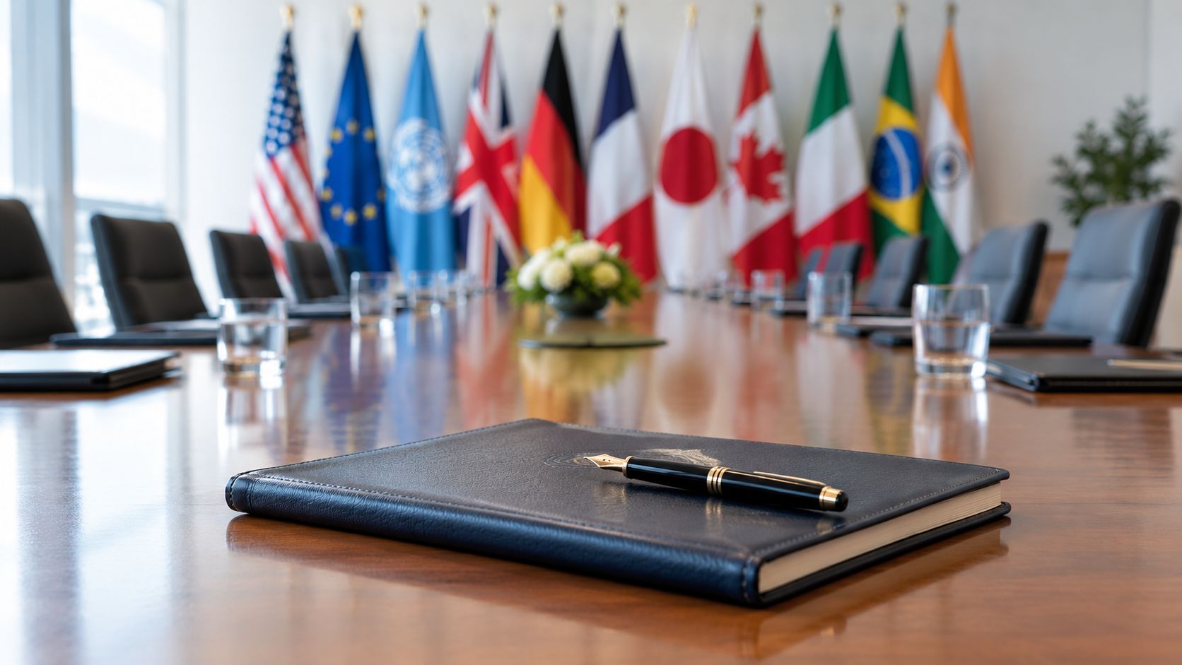 A leather notebook with a fountain pen on a boardroom table with international flags in background.