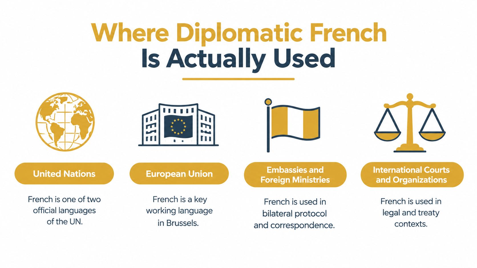 An infographic showing four global settings where French is used as a diplomatic language, including the UN and EU.