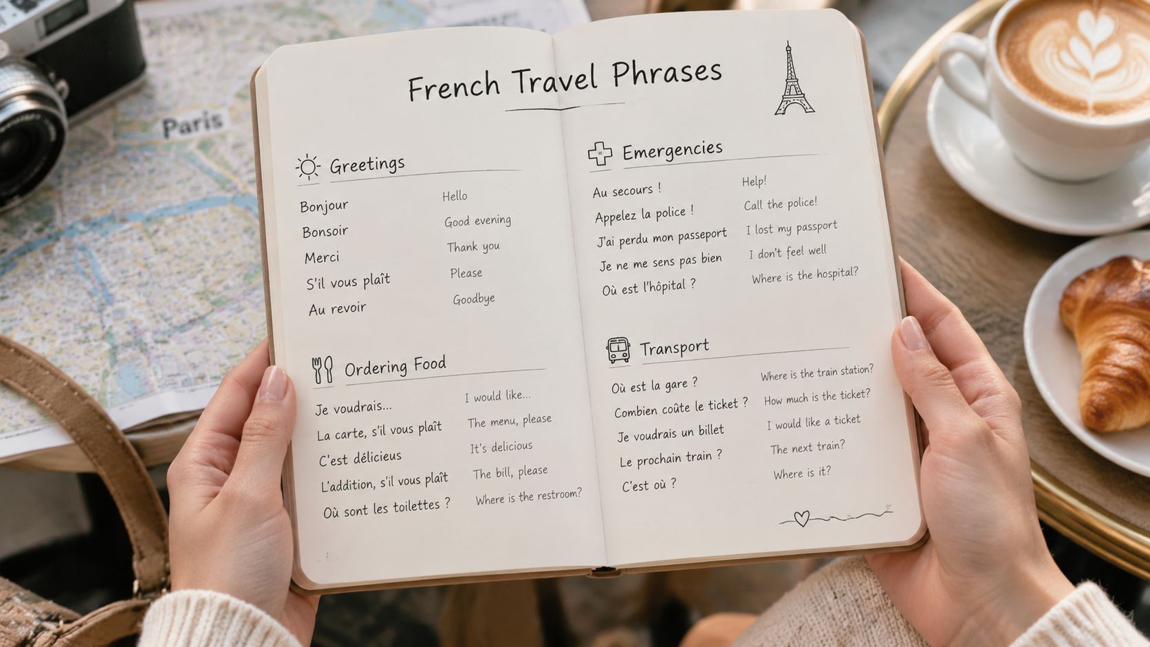 A person holds an open notebook featuring French travel phrases and translations with a map and coffee nearby.