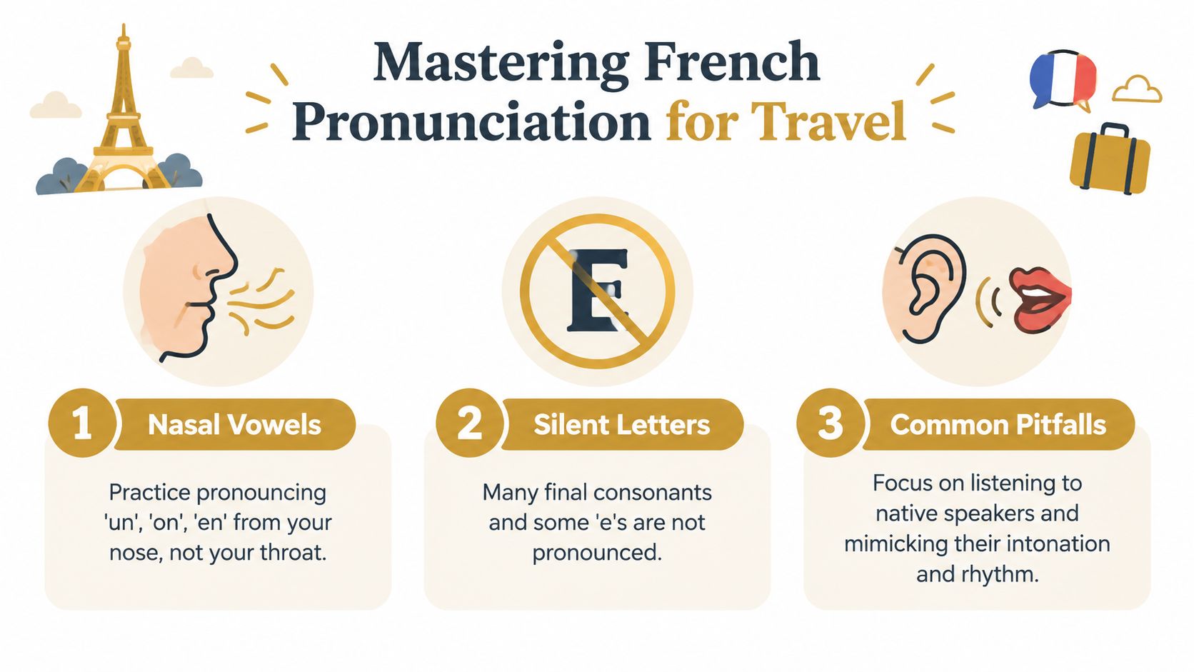 An infographic titled Mastering French Pronunciation for Travel highlighting three key tips for better pronunciation.