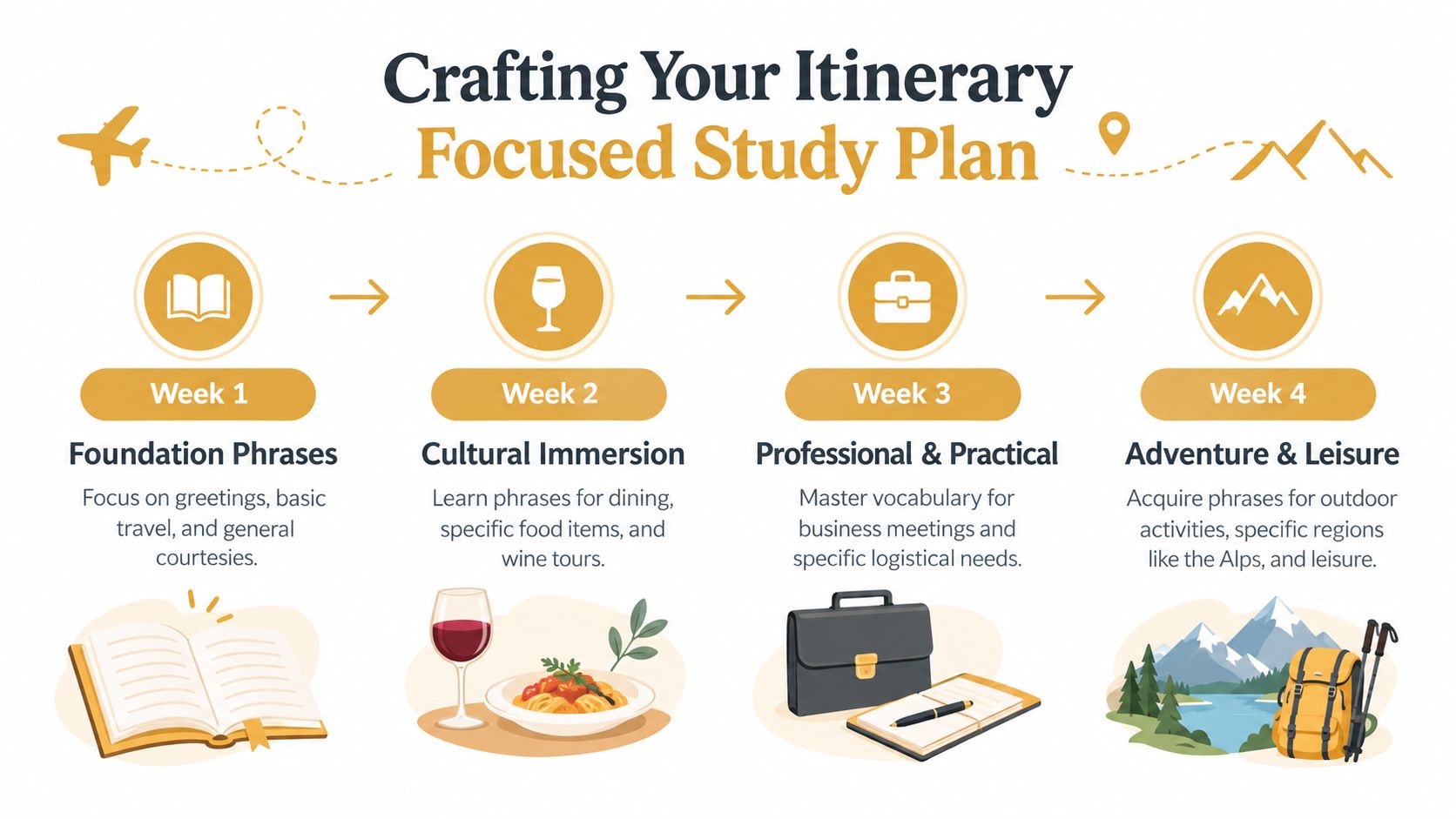A four-week structured language study plan for travelers including phases for foundations, dining, business, and outdoor adventure.