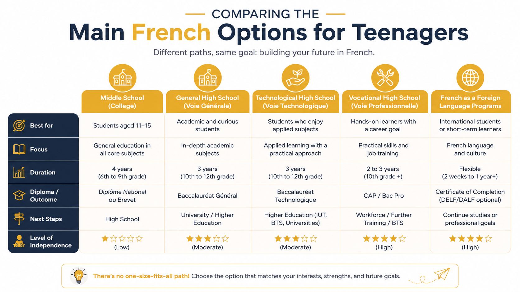 A comparison chart outlining different educational paths for teenagers to study French, including school types and outcomes.