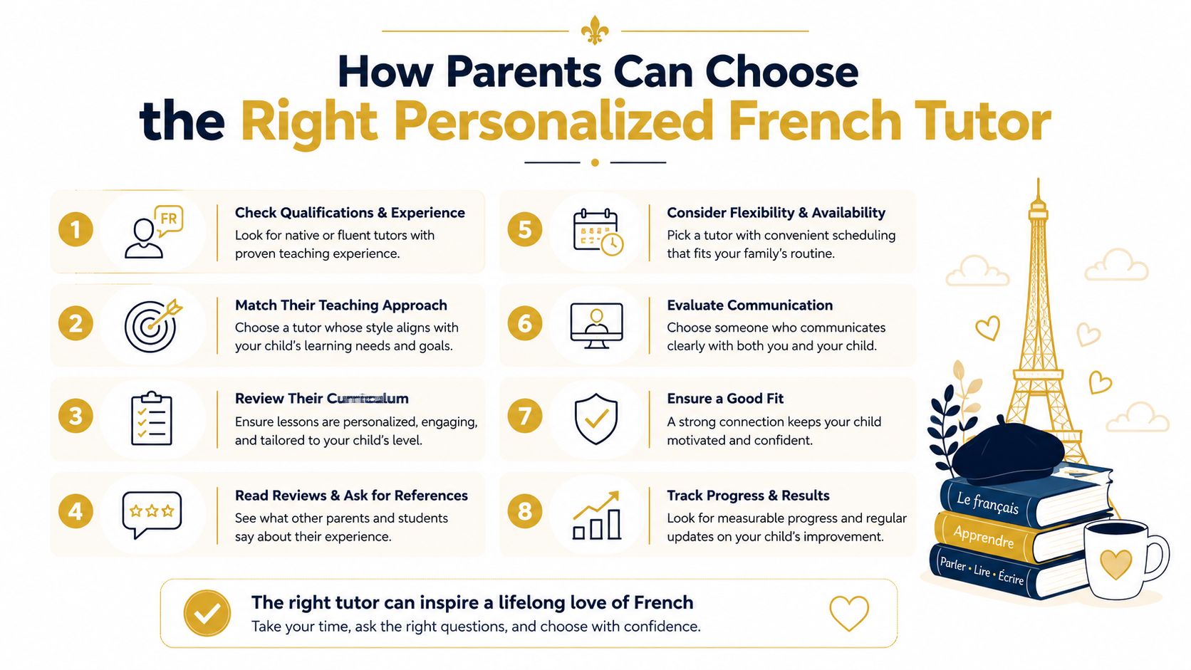 An infographic detailing eight essential steps for parents to select a personalized French tutor for their children.