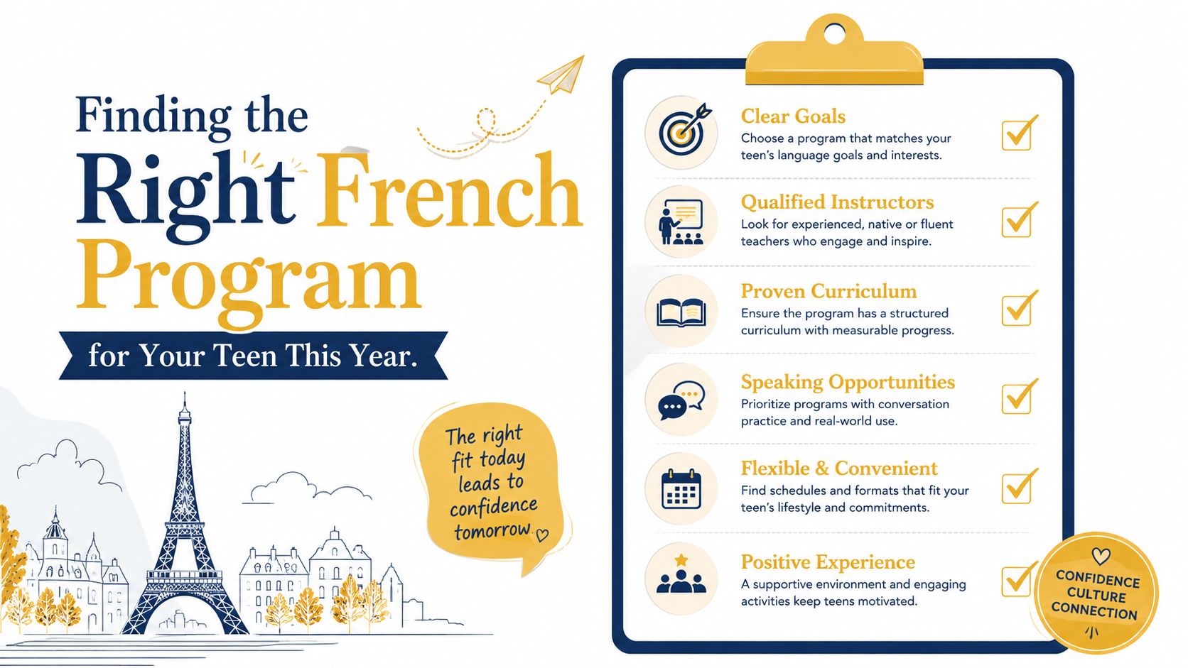 A checklist infographic titled Finding the Right French Program for Your Teen, highlighting key factors for selection.