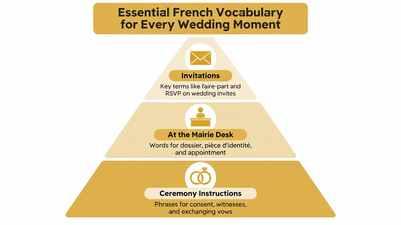 A pyramid infographic displaying essential French vocabulary categorized for wedding invitations, town hall paperwork, and ceremony instructions.