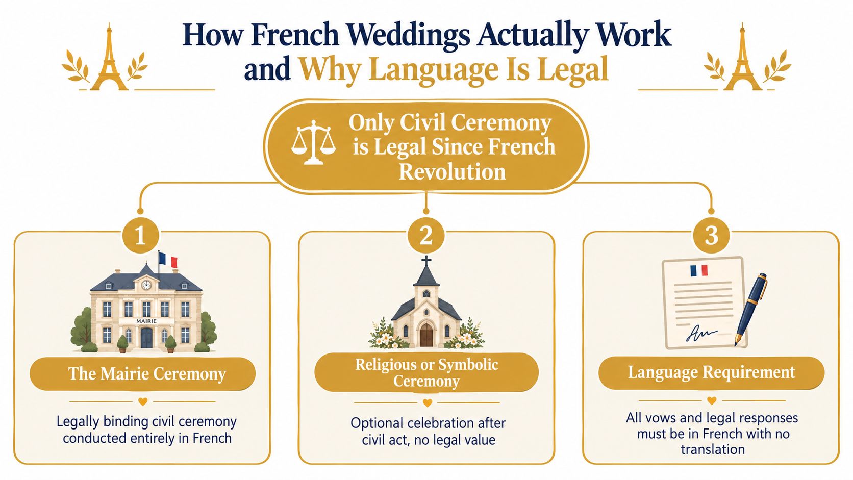 An infographic explaining that only civil ceremonies are legally recognized for marriages in France, conducted in French.