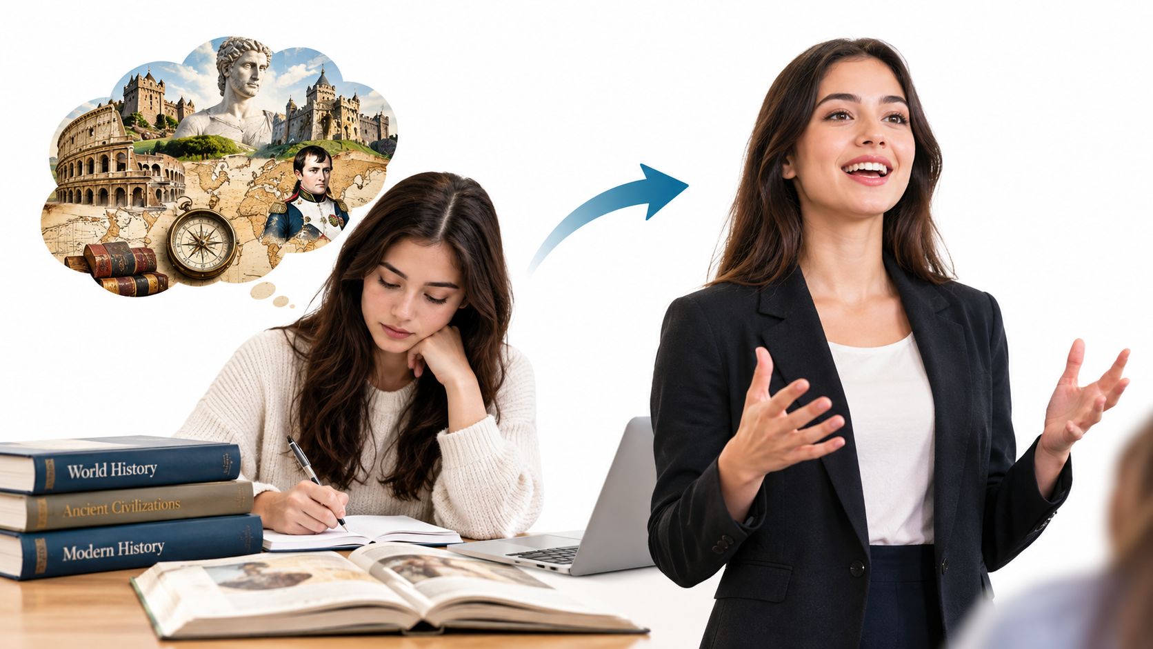 A student studying history while a teacher explains historical concepts in a classroom setting.