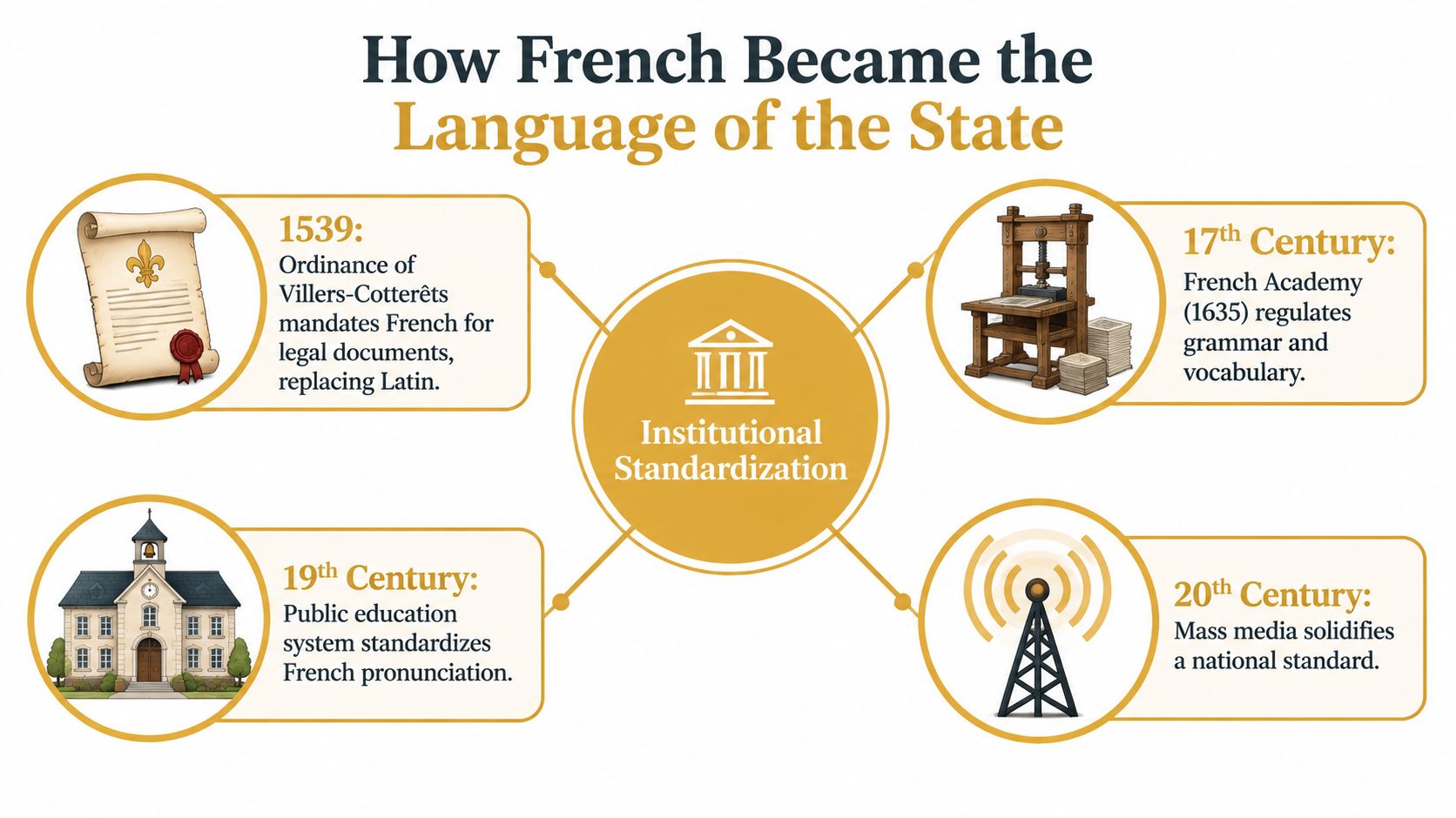 A timeline graphic showing key milestones in the historical institutional standardization of the French language.