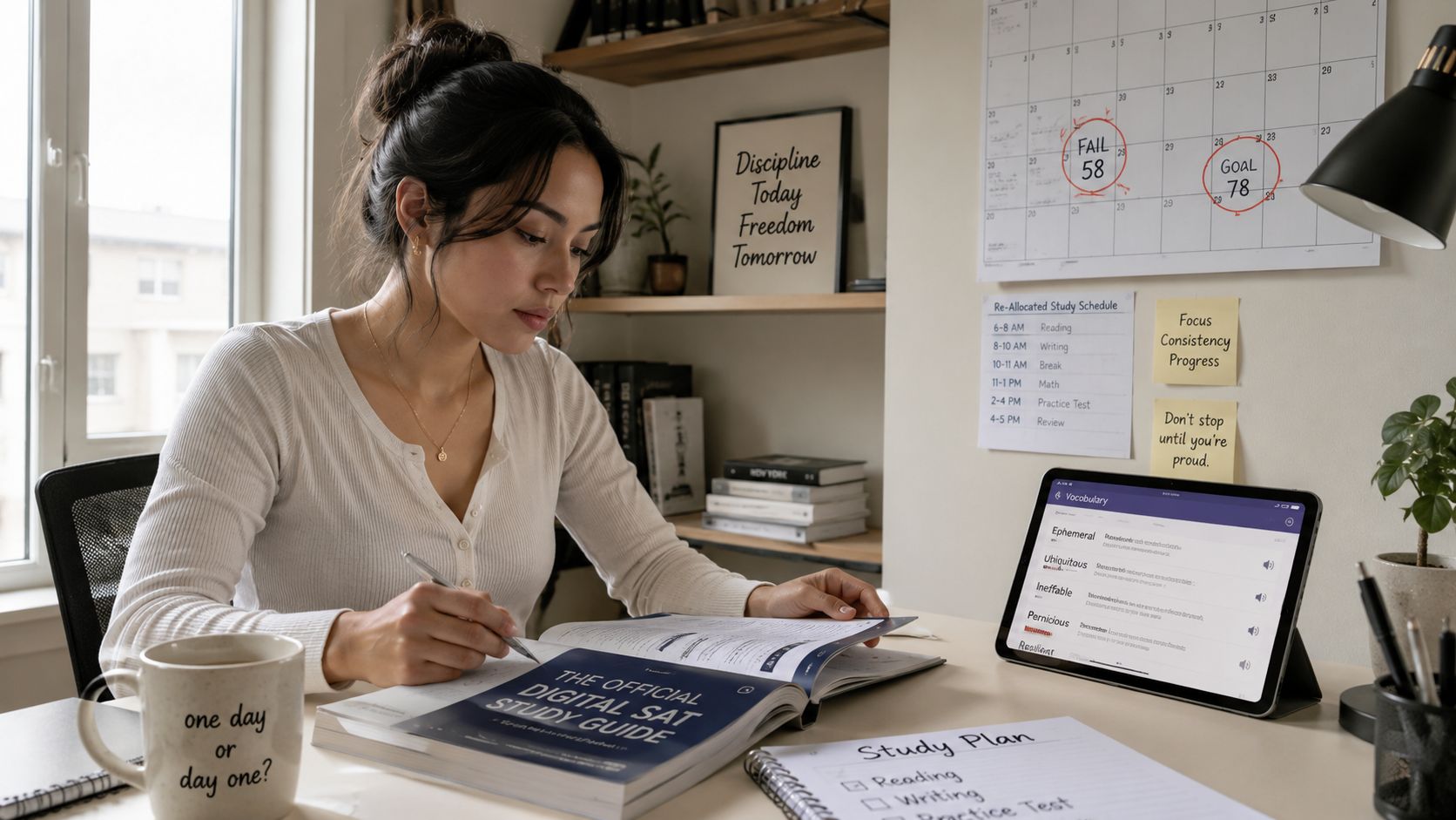 A focused student studying for exams using a digital tablet and a paper study guide at home.