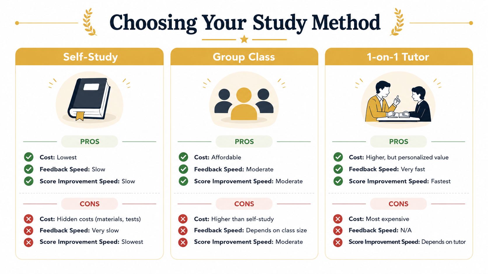 A comparison chart showing the pros and cons of self-study, group classes, and 1-on-1 tutoring methods.