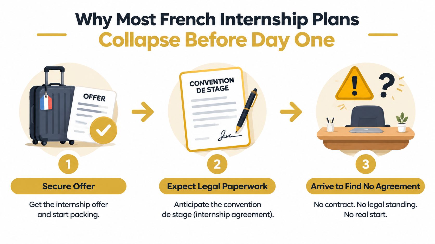 A three-step infographic illustrating the potential failure of internship plans in France without a signed convention de stage.