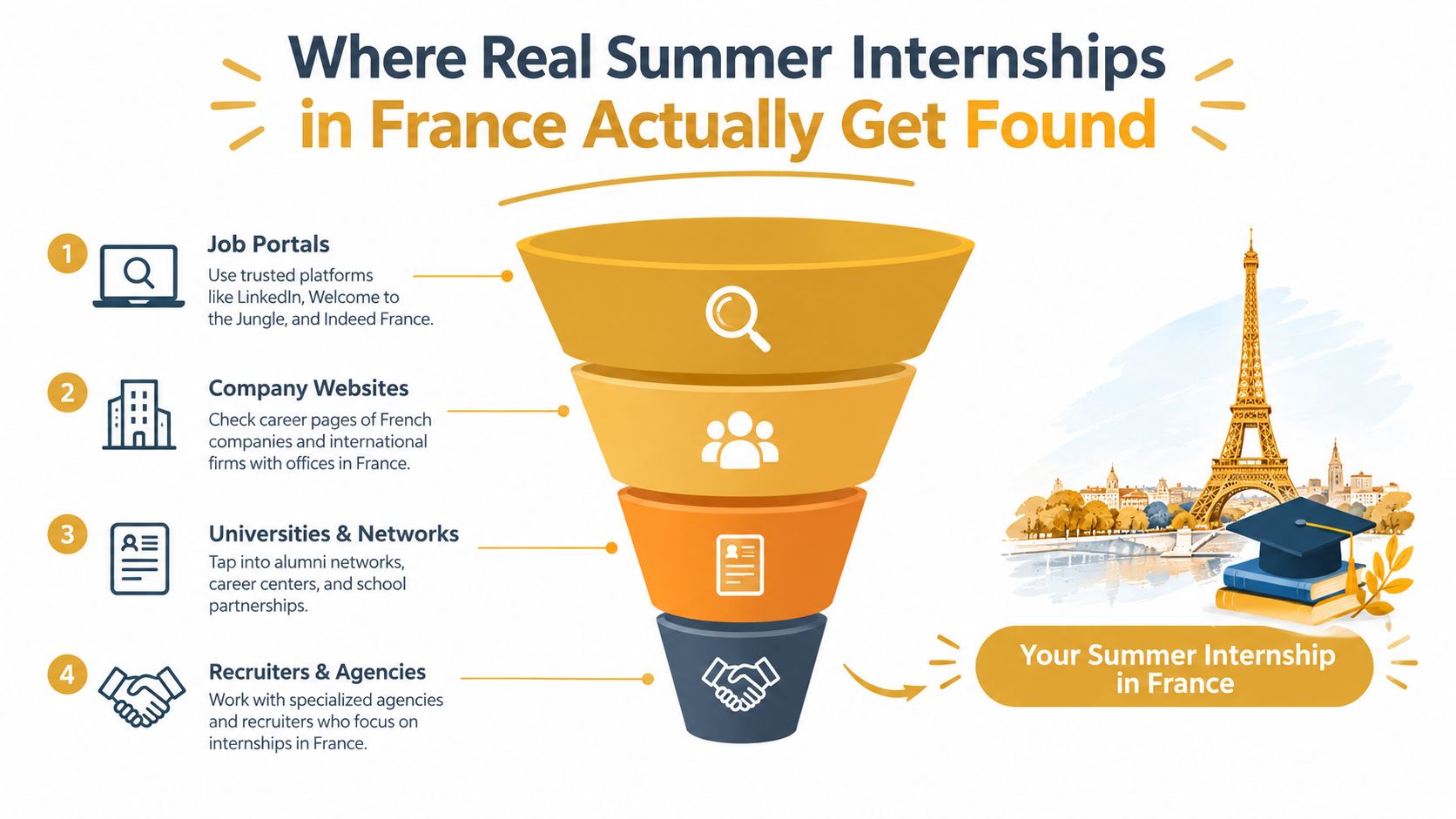 A marketing funnel infographic illustrating four effective strategies for finding a summer internship in France.