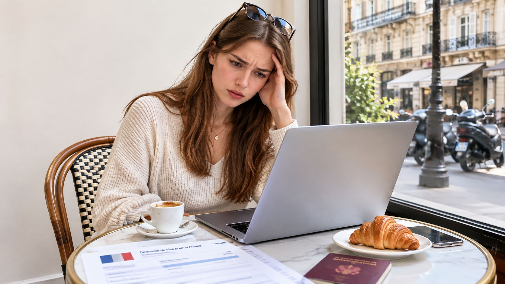 A concerned woman sitting in a cafe, filling out an online French visa application on her laptop.
