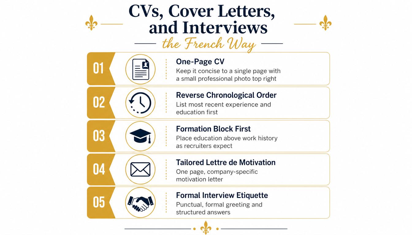 An infographic detailing five professional tips for CVs, cover letters, and interviews in the French job market.