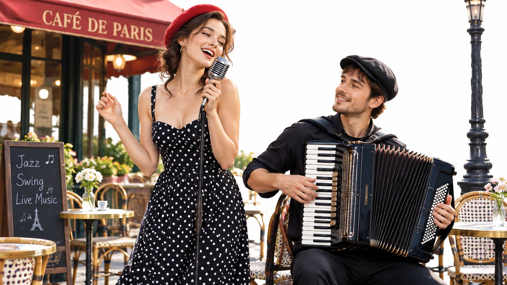 A woman in a polka dot dress singing while a man plays the accordion at a Parisian cafe.