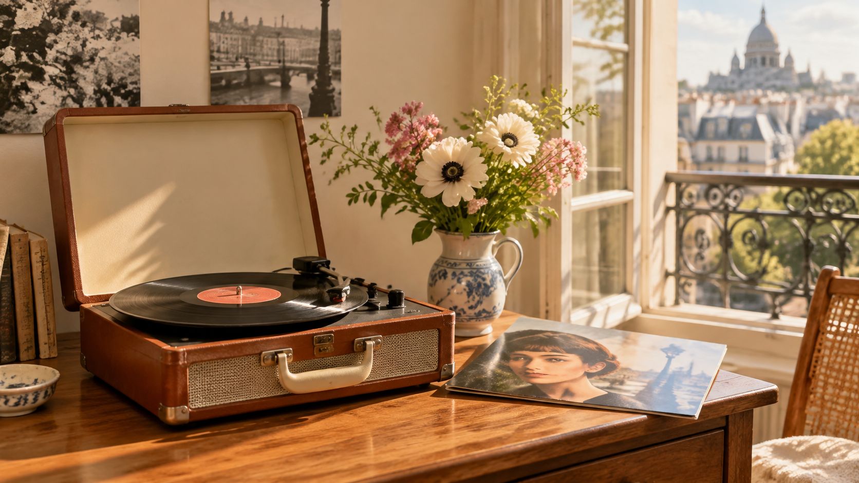 A vintage record player sits on a wooden desk next to a flower vase and an Amelie album.