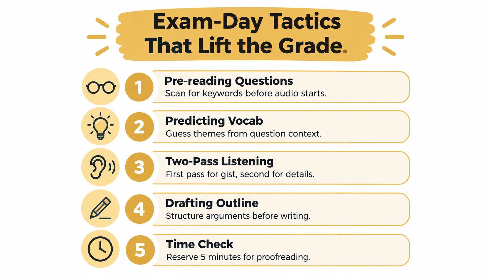 A list of five exam day tactics shown as an infographic for improving student test performance.