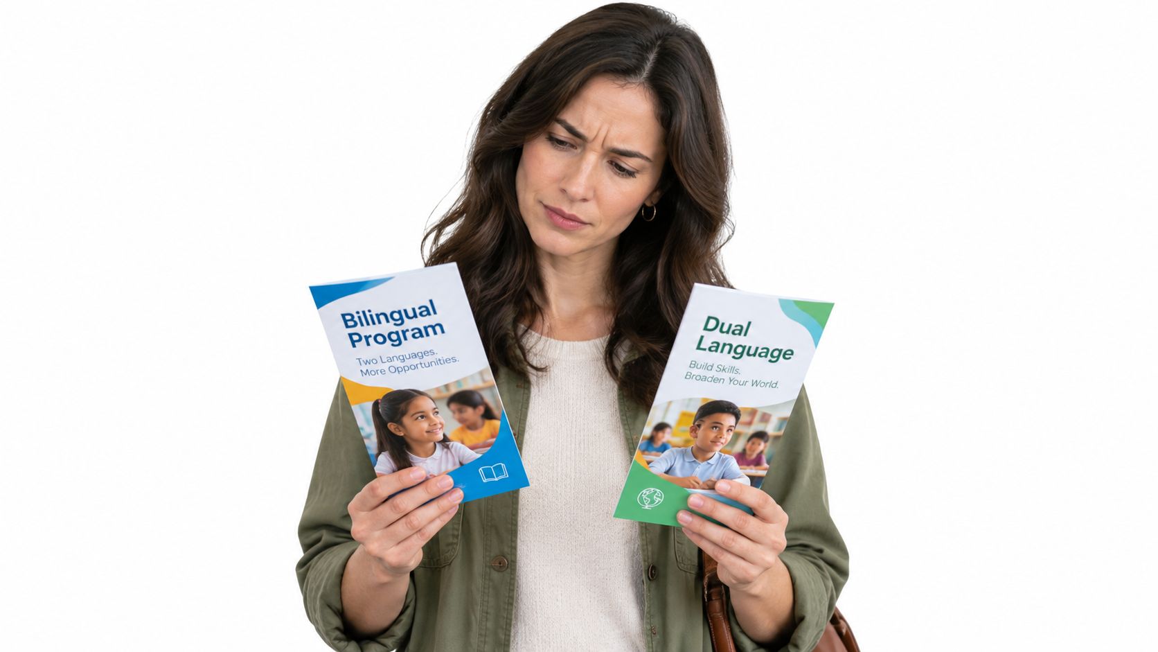 A woman looks confused while comparing brochures for bilingual and dual language educational programs in her hands.