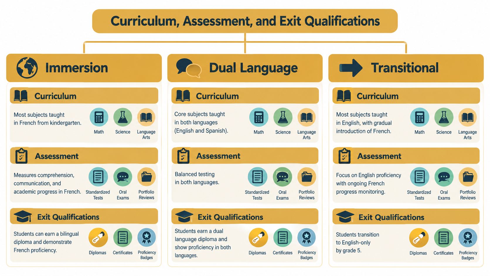 A diagram comparing Immersion, Dual Language, and Transitional French bilingual school programs through curriculum, assessment, and qualifications.