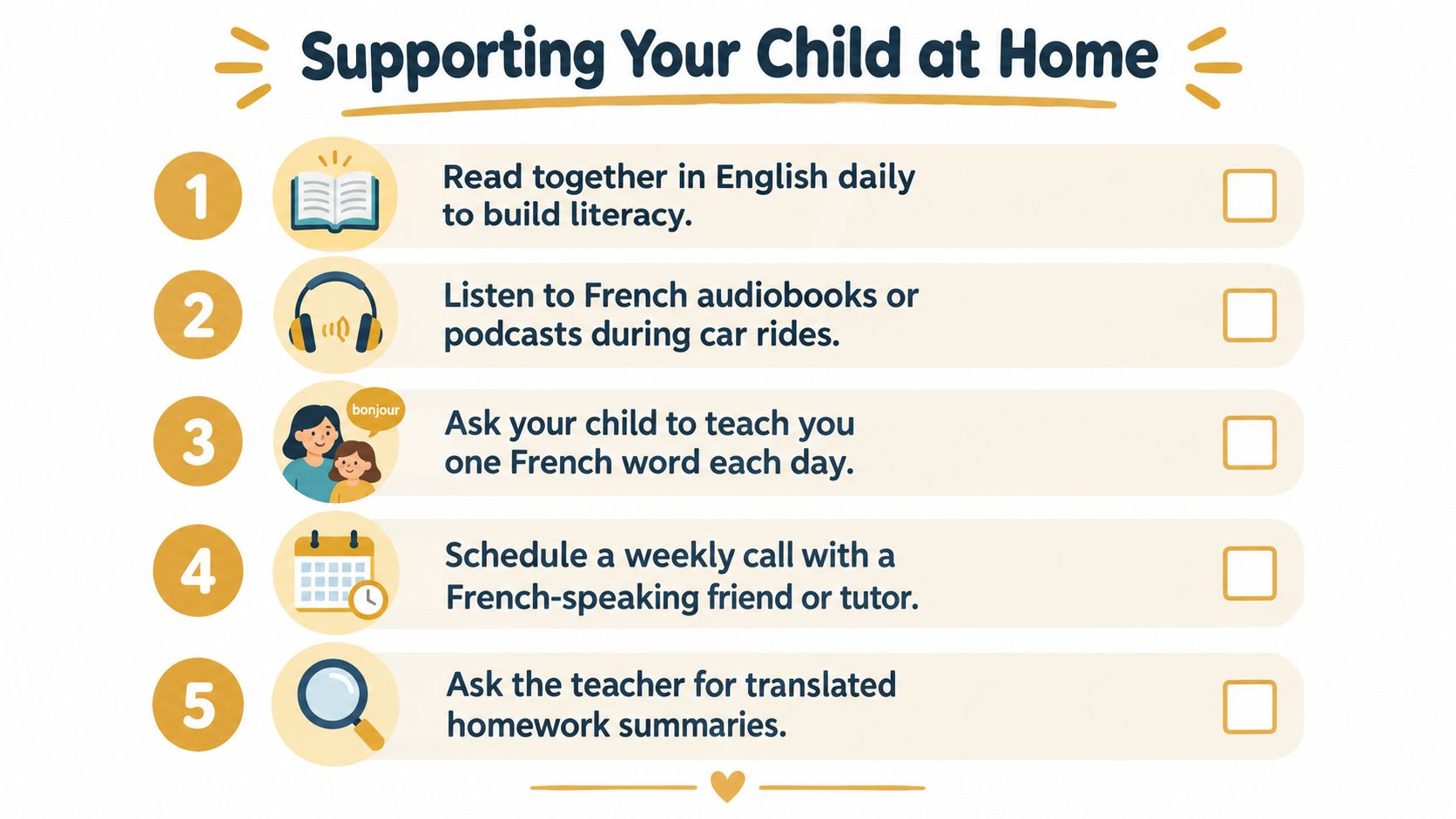 A checklist titled Supporting Your Child at Home with five tips for parents to support bilingual education.