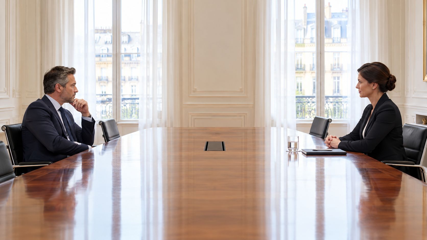 A professional man and woman sitting at opposite ends of a long wooden boardroom table in Paris.