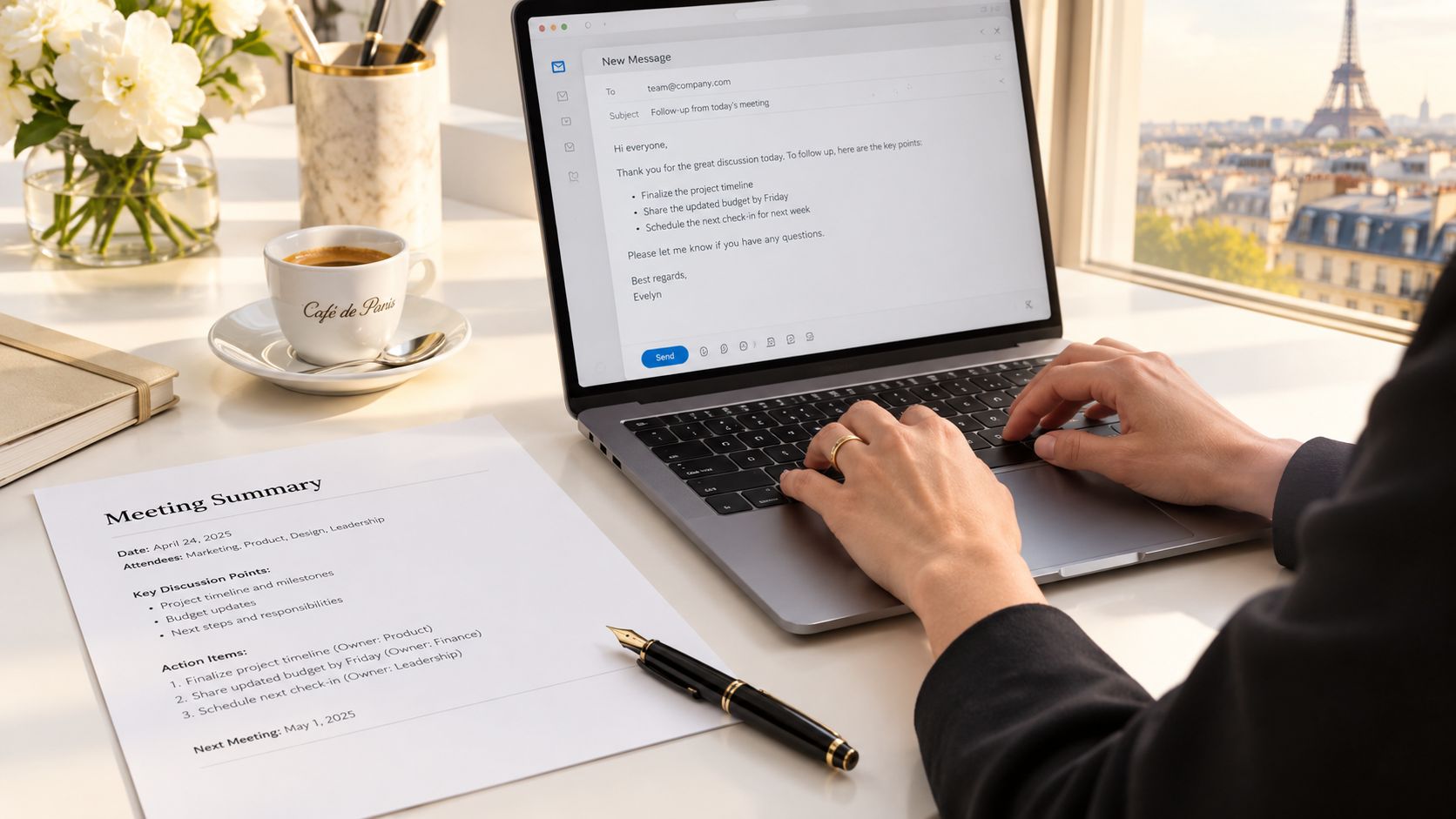 A professional working on a laptop with a meeting summary document in front of a window overlooking Paris.